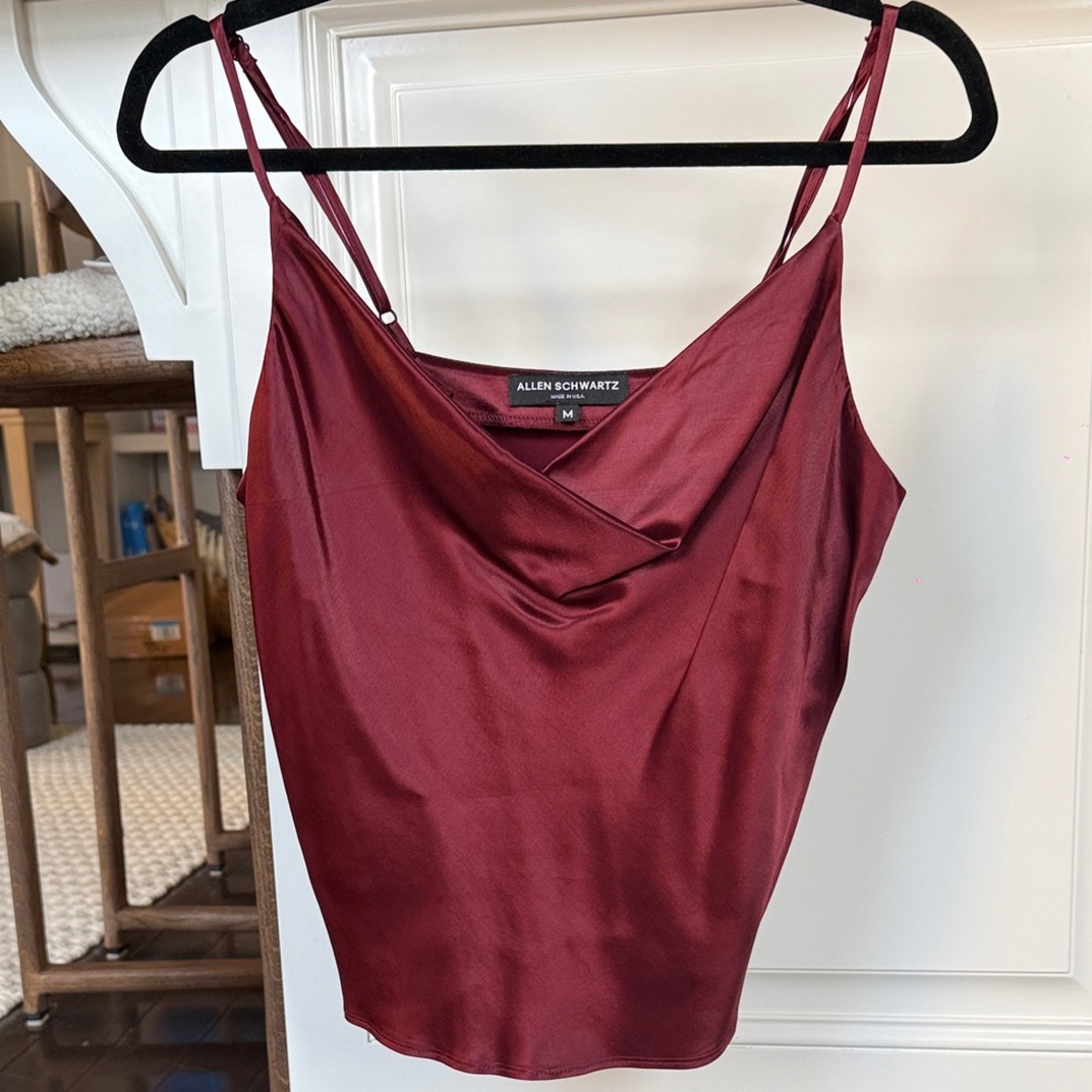 Allen Schwartz burgundy satin cowl neck camisole top.